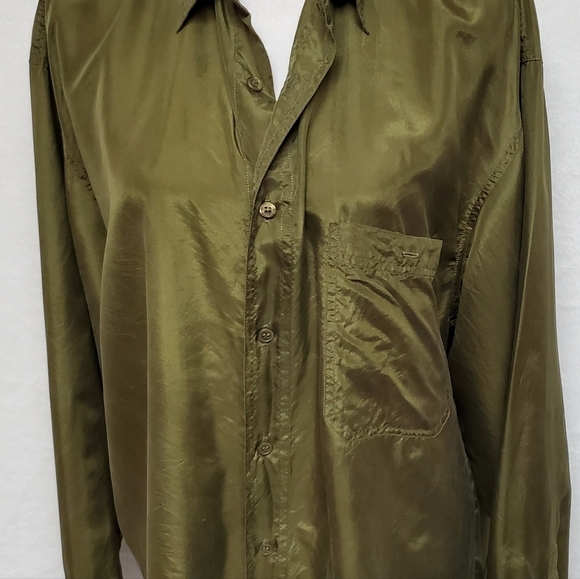 Vintage 90s IOU Silk Olive Oversized Button Up Hi-low Tunic Blouse Mini Dress M - Picture 6 of 13